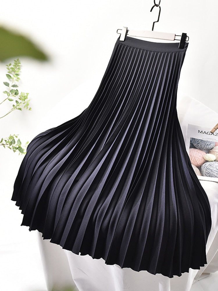 Levoire Designer de marque Femme Élégant Chic Solide Jupe plissée Taille haute Mode de luxe Bleu