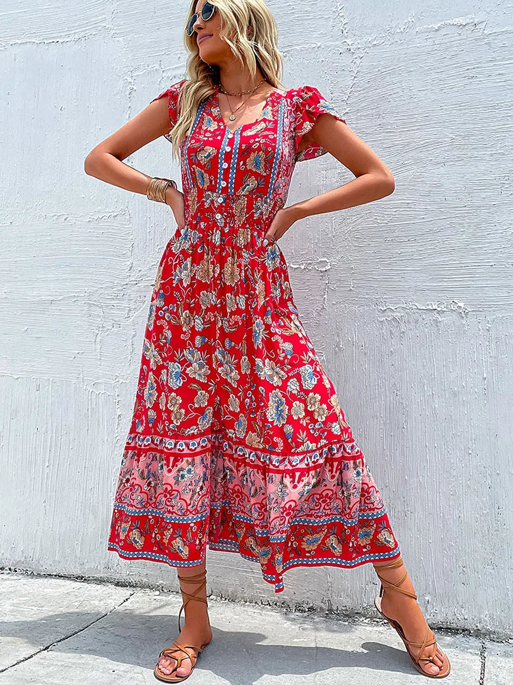 Levoire | Robe Mi-Longue Fleurie Bohème Rouge