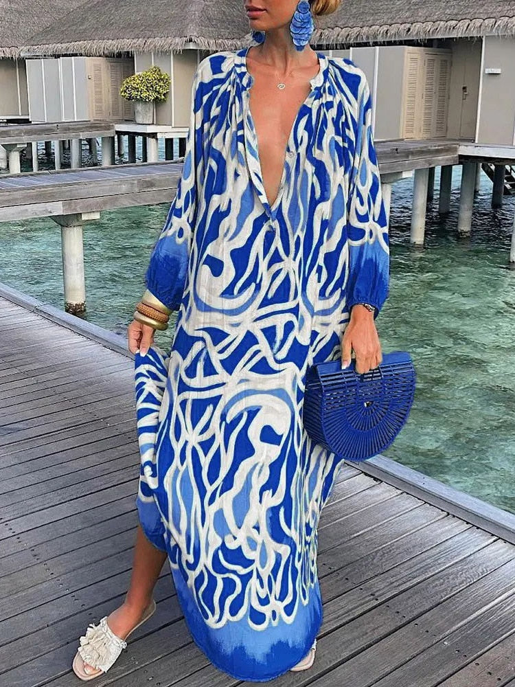 Levoire | Robe Maxi À Manches Longues Bohème Bleu