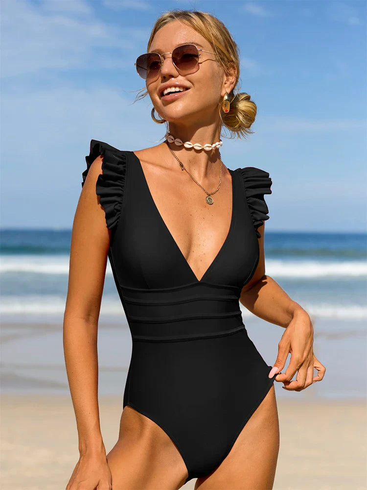 Levoire | Maillot De Bain Rouge Sexy Décolleté En V Noir