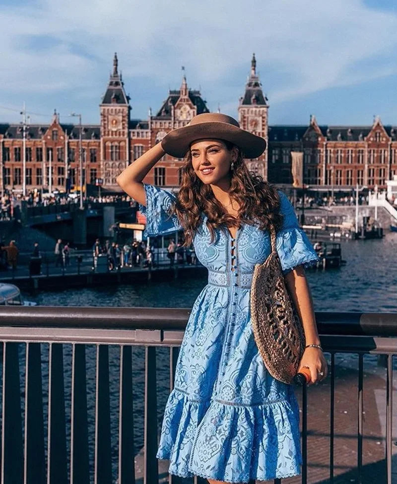 Levoire | Robe D'Été En Dentelle Pour Femmes Avec Motif Floral Bleu clair