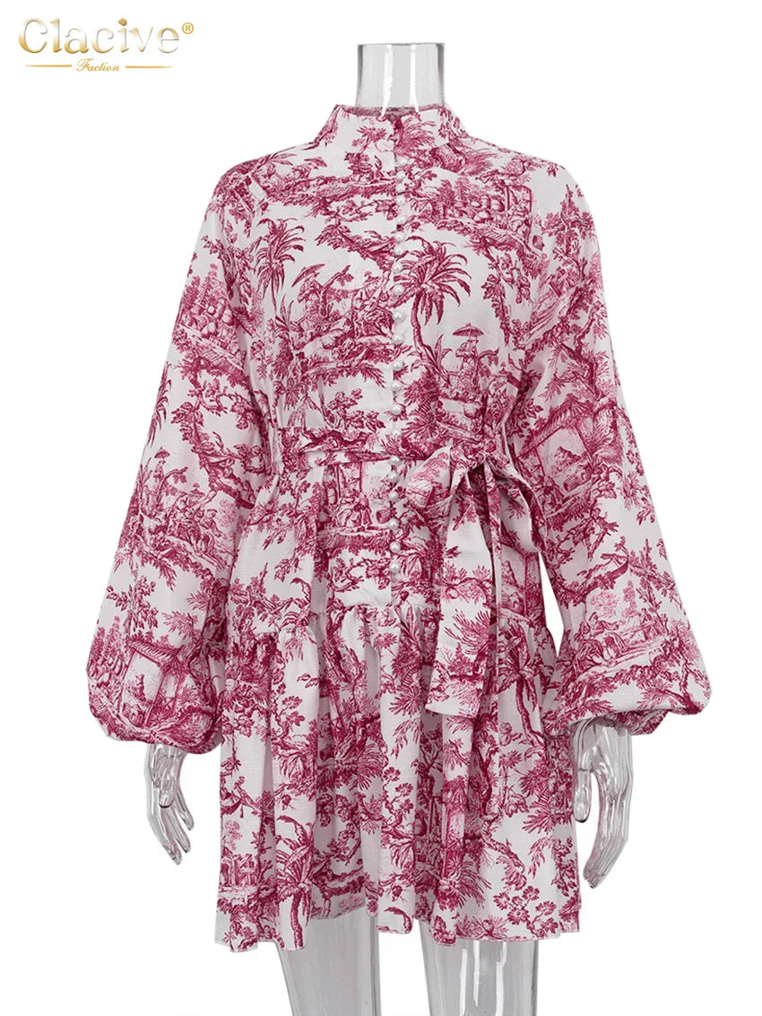 Levoire | Robe Femme Délicieuse Avec Impression, Robe Mini Moderne À Col Haut Avec Manches Bouffantes Rot