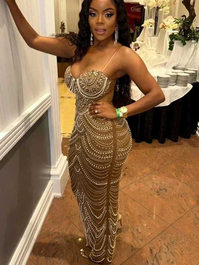 Levoire | Robe De Célébrité En Perles De Strass En Cristal Scintillant Marron