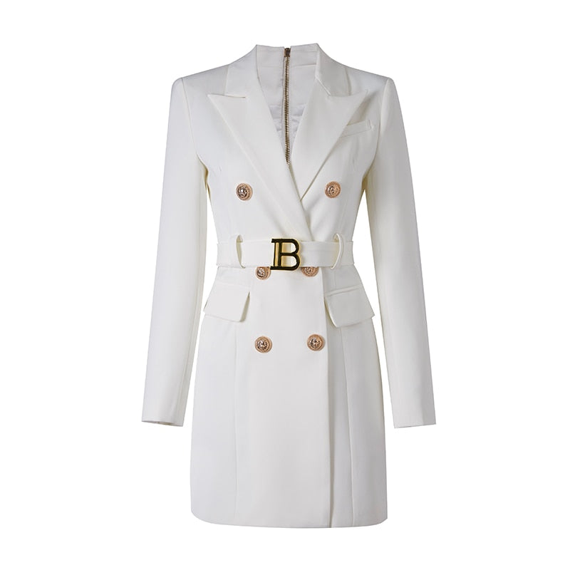 Levoire | Robe Blazer Élégante Avec Ceinture Et Boutons Déclaration Blanc