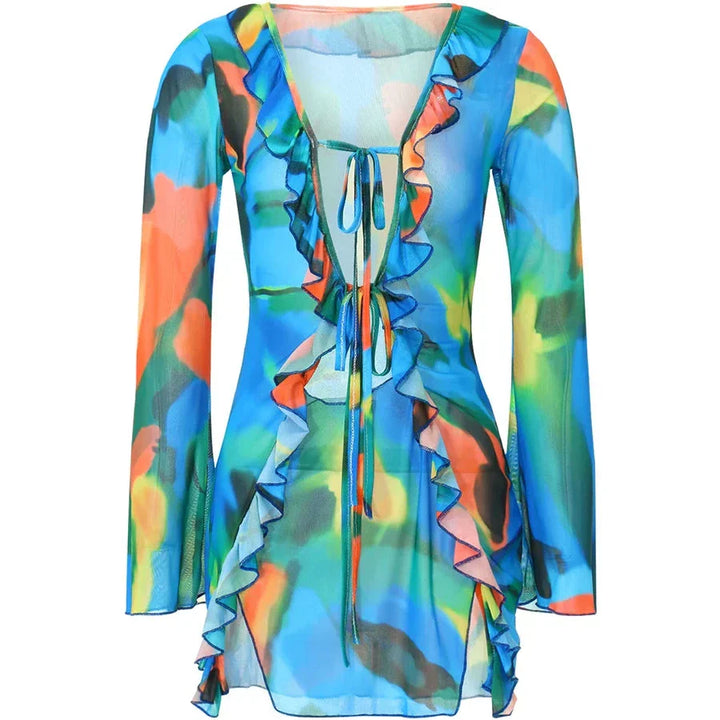 Levoire | Boni Rüsch Tie Dye Robe Mini À Manches Longues Bleu