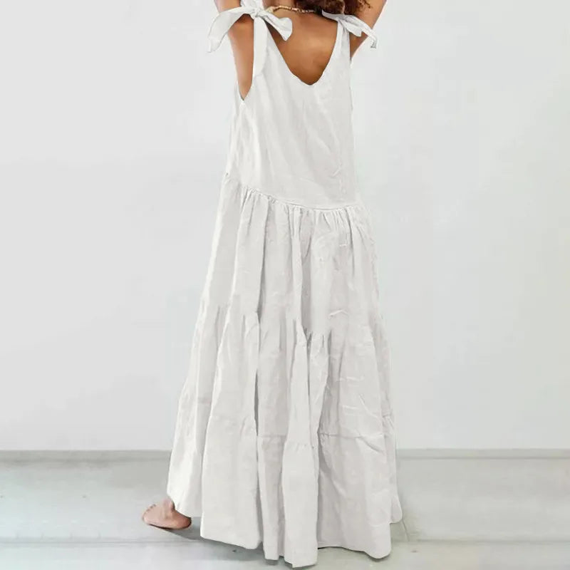 Levoire | Robe longue à volants décontractée avec gilet à lacets de couleur unie