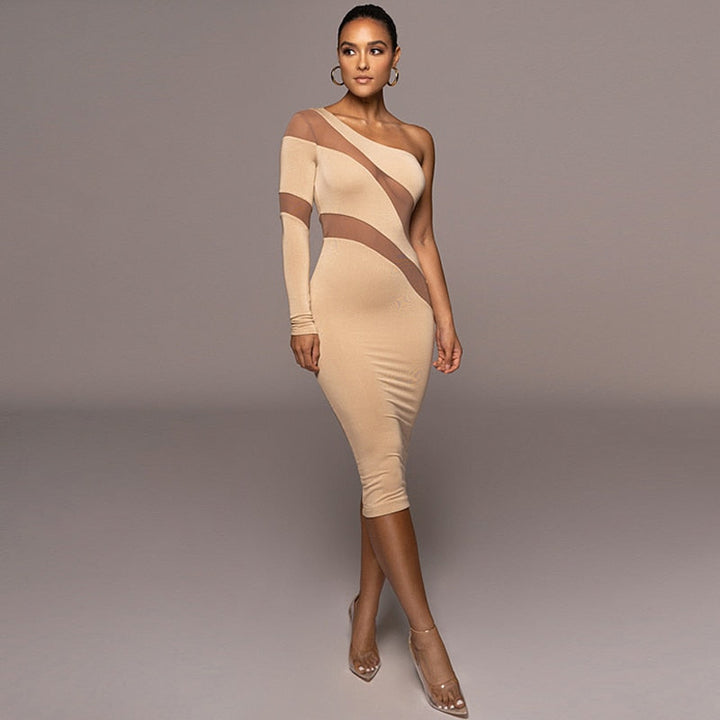 Levoire | Robe Midi Bodycon À Manches Longues En Mesh Beige