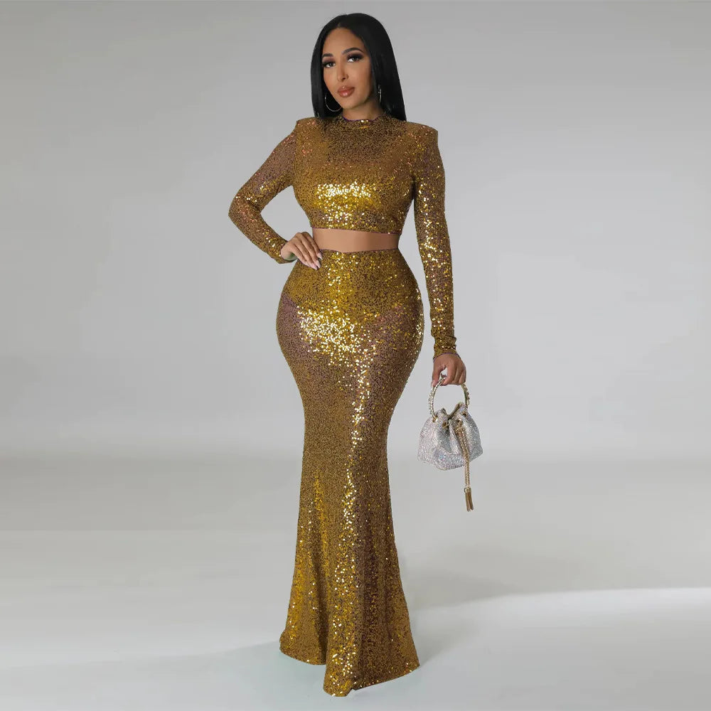 Levoire | Crop Top À Col Rond Pailleté & Ensemble Jupe Maxi