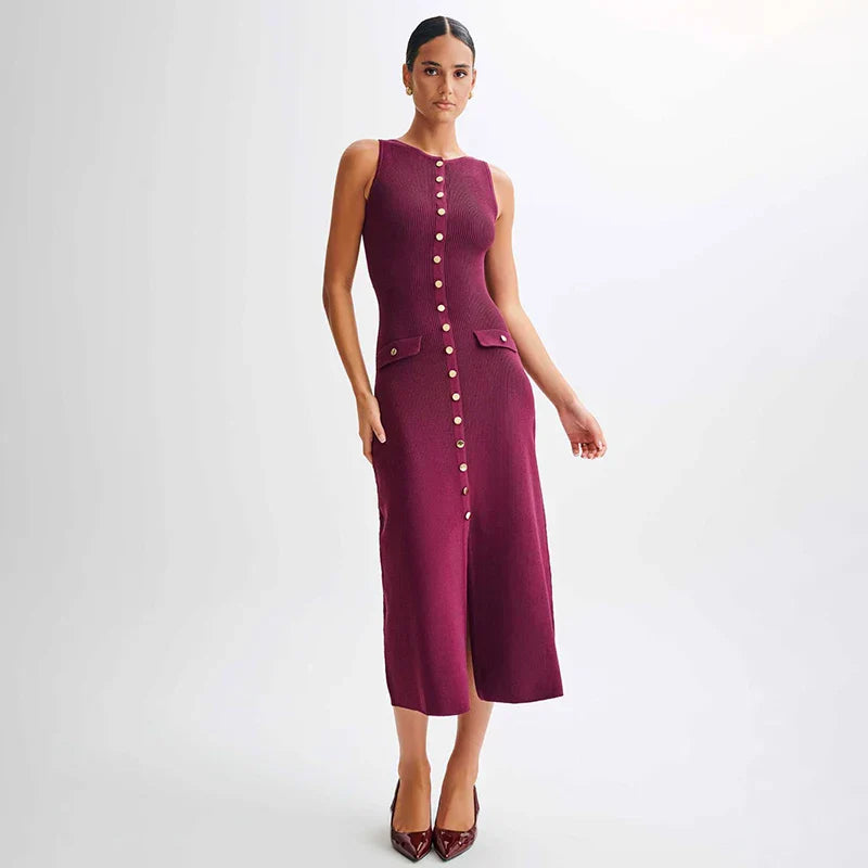 Levoire | Robe Ticotée Elégante Sans Manches Avec Patte De Boutonnage Rouge