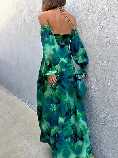 Levoire | Robe Maxi Dos Nu Hors Épaule Imprimée Florale Verte