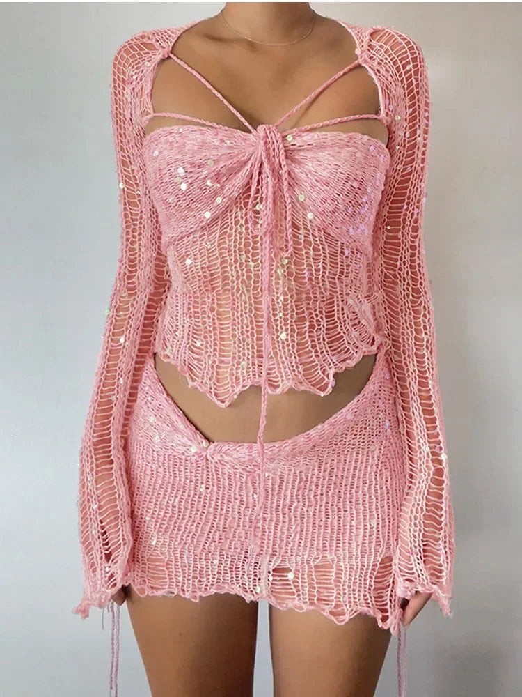 Levoire | Paillettes Crochet Tricot Manches Longues Crop Top Jupe Mini Coord Ensemble