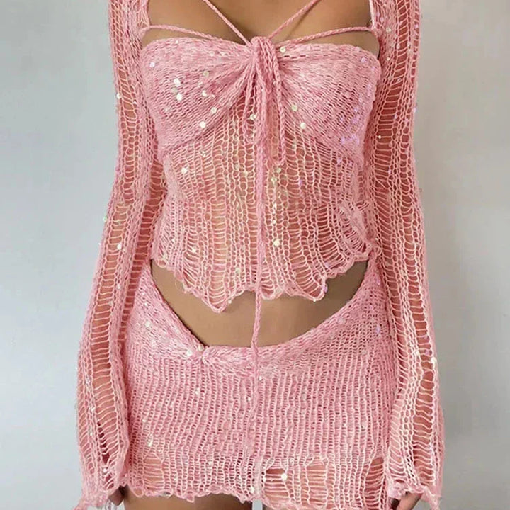 Levoire | Crochet Tricot Sequins Jupe Et Top Court Ensemble