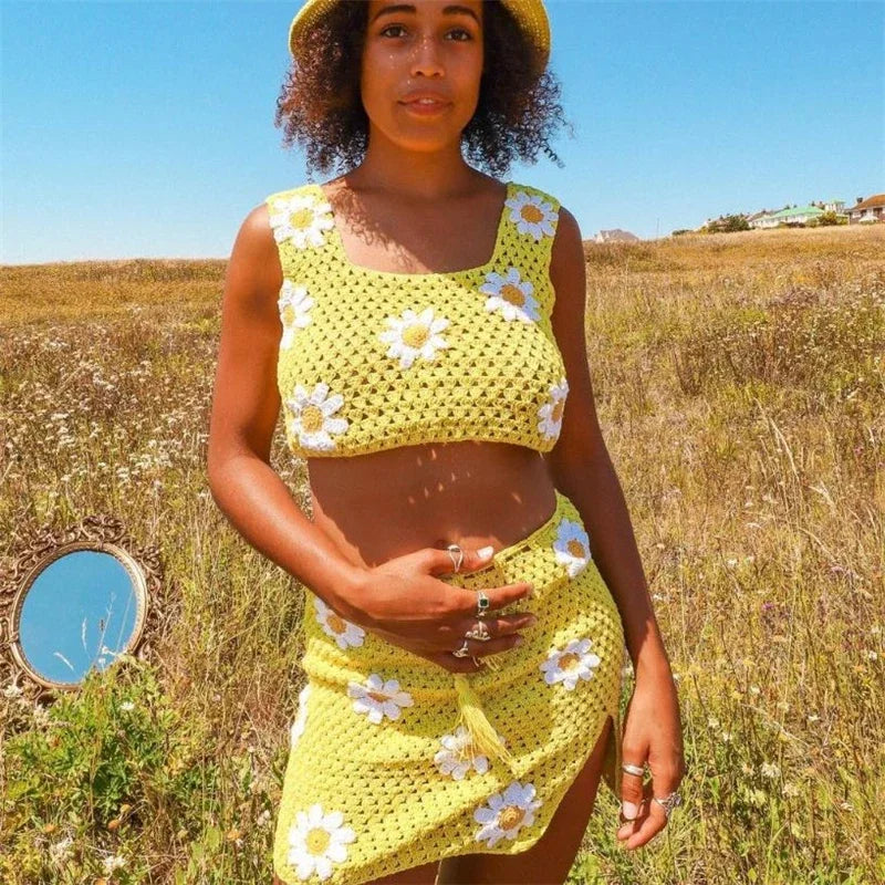 Levoire | Haut De Croptop En Tricot Et Ensemble Love Rock En Fleurs jaune blanc fleur