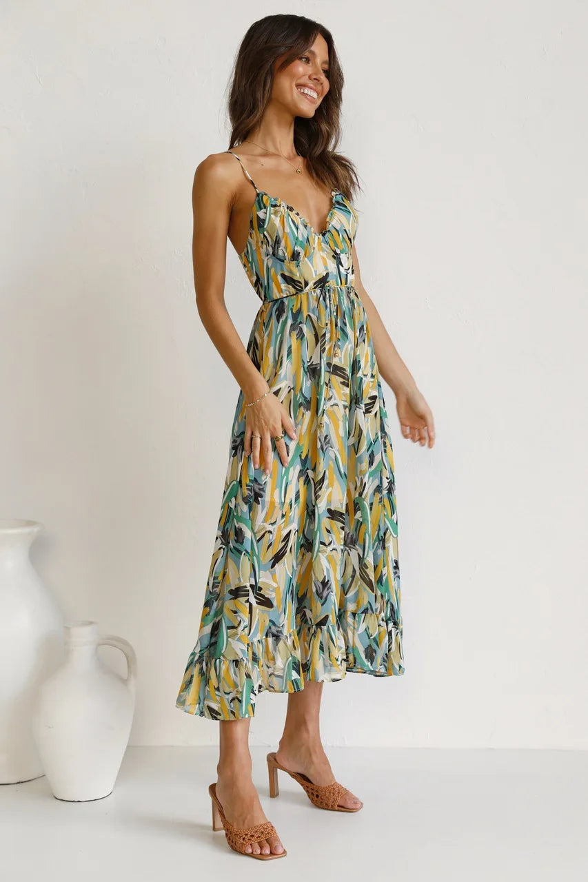 Levoire | Robe Midi Florale À Bretelles Spaghetti Pour Femmes