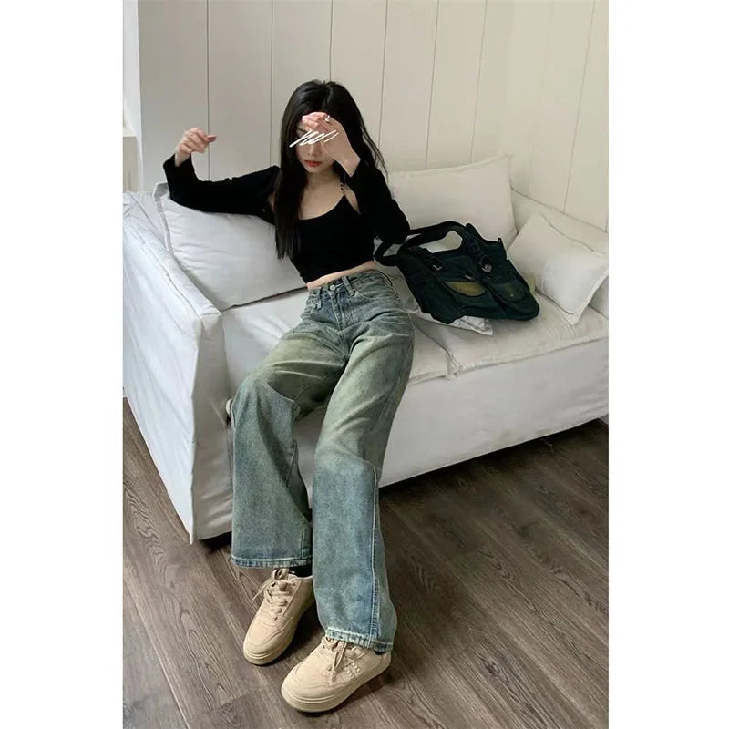 Levoire | Jean Taille Haute Décontractée Et Large Vin Vintage Avec Jambes Larges Pour Femmes