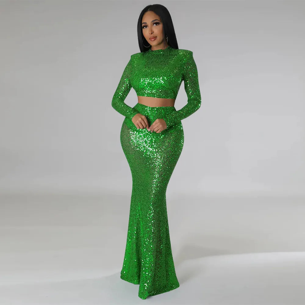 Levoire | Crop Top À Col Rond Pailleté & Ensemble Jupe Maxi
