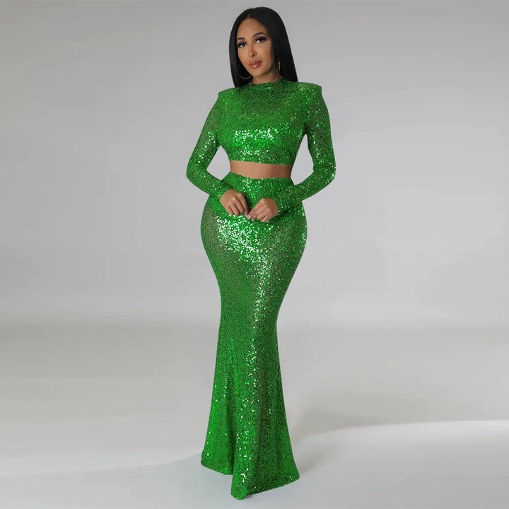 Levoire | Crop Top À Col Rond Pailleté & Ensemble Jupe Maxi