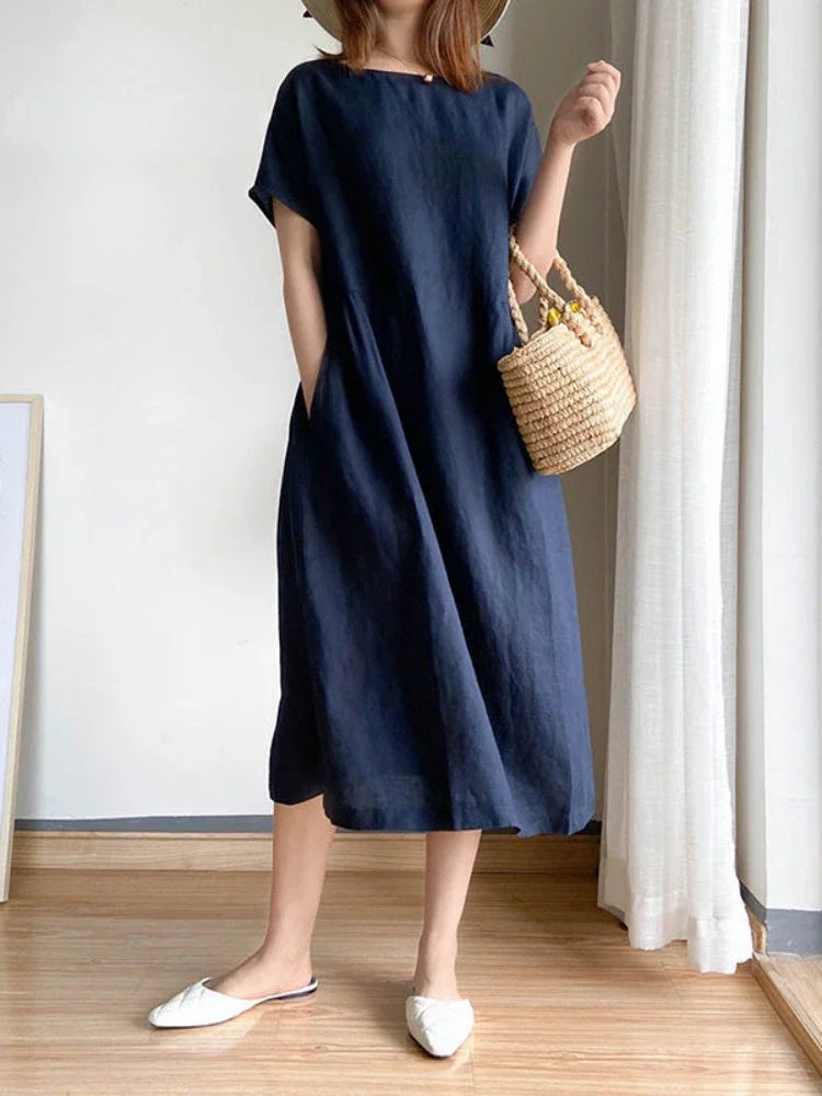 Levoire | Robe Midi Unie En Coton Et Lin Bleu Fonce