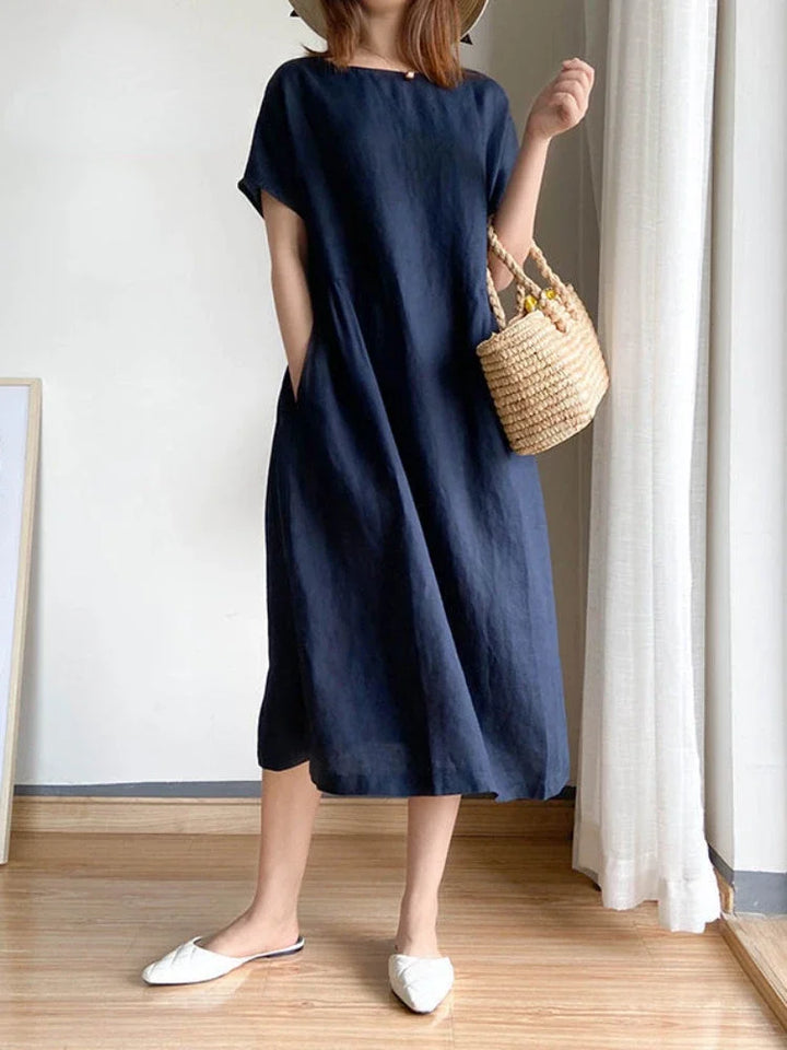 Levoire | Robe Midi Unie En Coton Et Lin Bleu Fonce