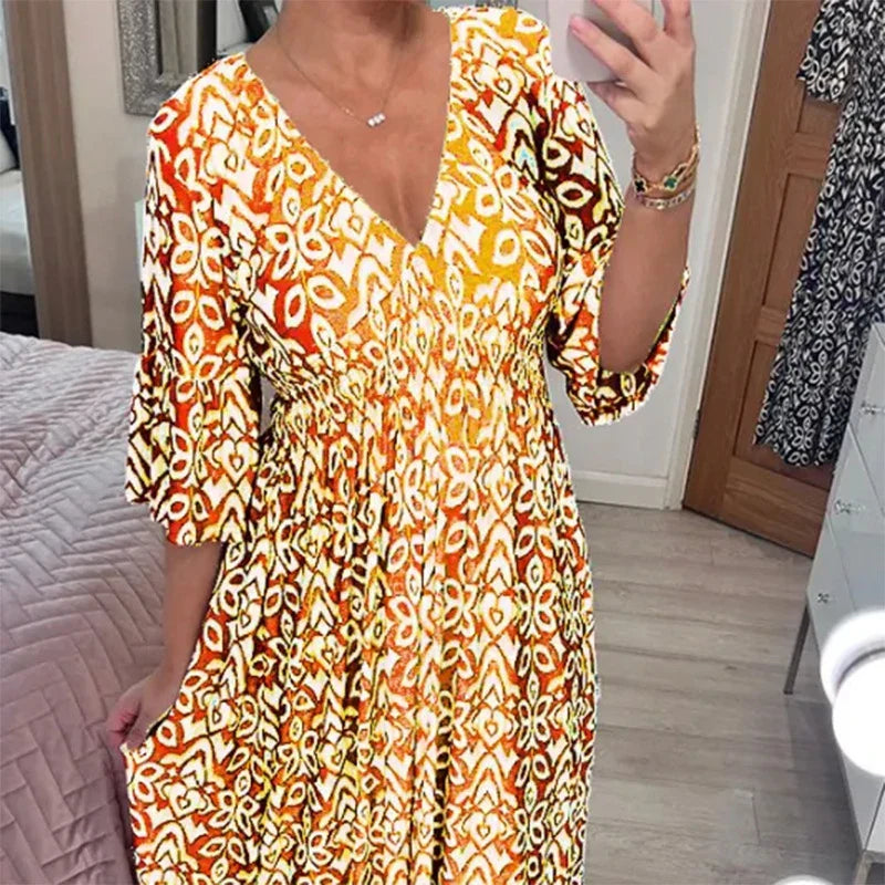 Levoire | Robe Boho Décontractée À Décolleté En V Et Manches Mi-Longues Jaune