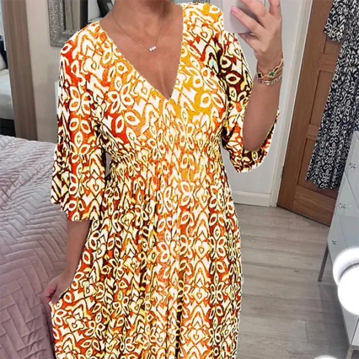 Levoire | Robe Boho Décontractée À Décolleté En V Et Manches Mi-Longues Jaune