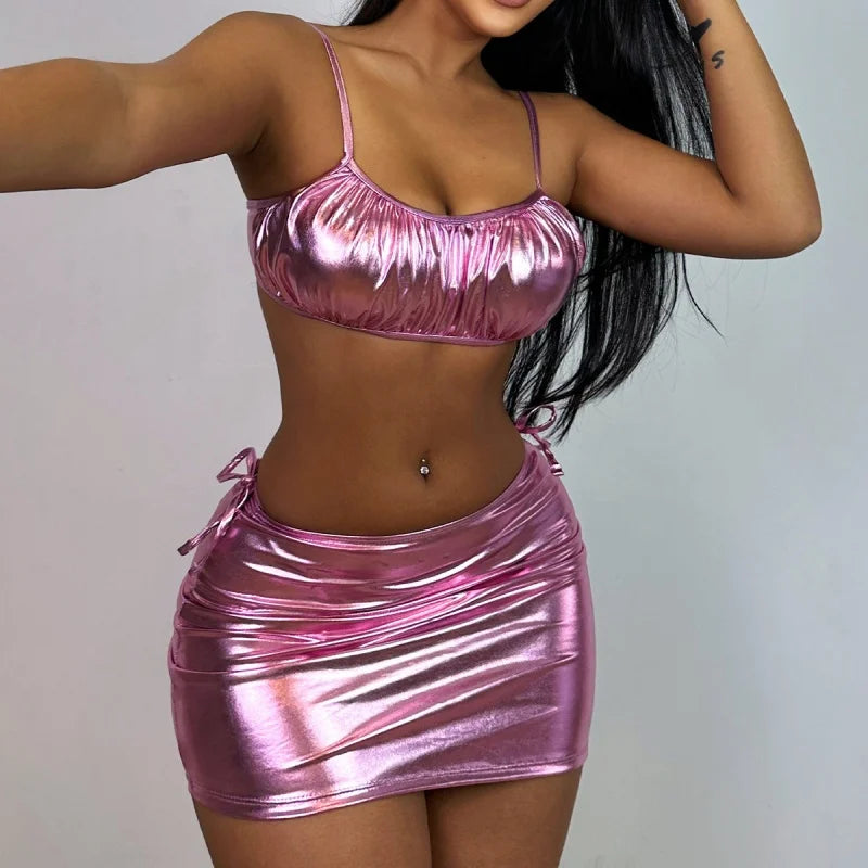 Levoire | 3 Pièces Metallic Pink Shine Ensemble De Bikinis De Base Rosa