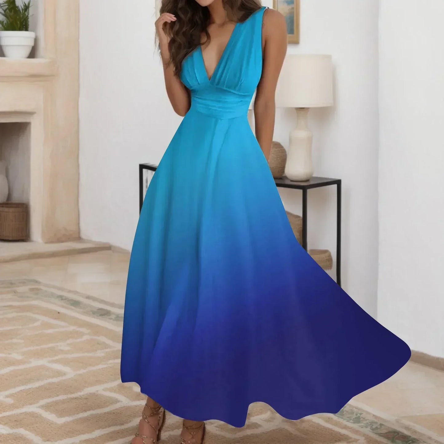 Levoire | Robe Maxi Off-Shoulder Élégante Avec Décolleté V Profond Bleu