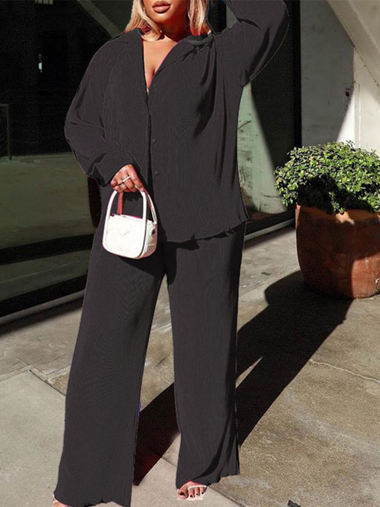 Levoire | Chemisier À Manches Longues Et Pantalon Large - Ensemble Élégant À Deux Pièces Pour Femmes Noir
