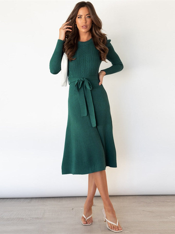 Levoire | Robe Midi Tricotée Élégante Avec Ceinture Pour Femmes Vert