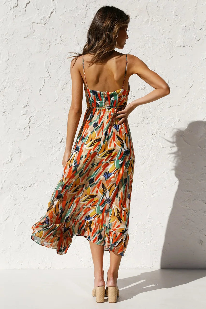 Levoire | Robe Midi Florale À Bretelles Spaghetti Pour Femmes