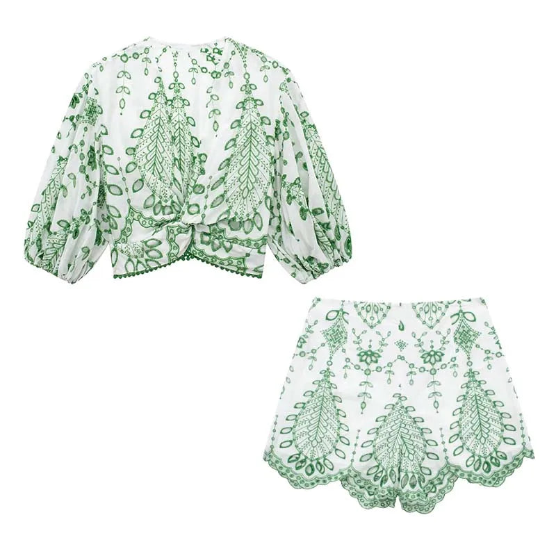Levoire | Nouvelle Mode Broderie À Deux-Pièces Ensemble Femme Tenue Shorts et ensemble top