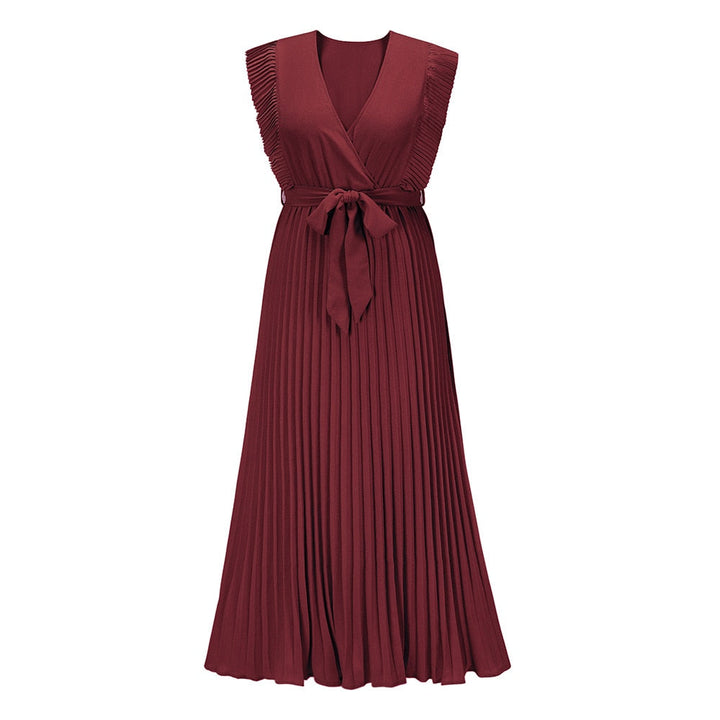 Levoire | Robe Été Sans Manches V-Cou Maxi Plissée Ceinture Bordeaux