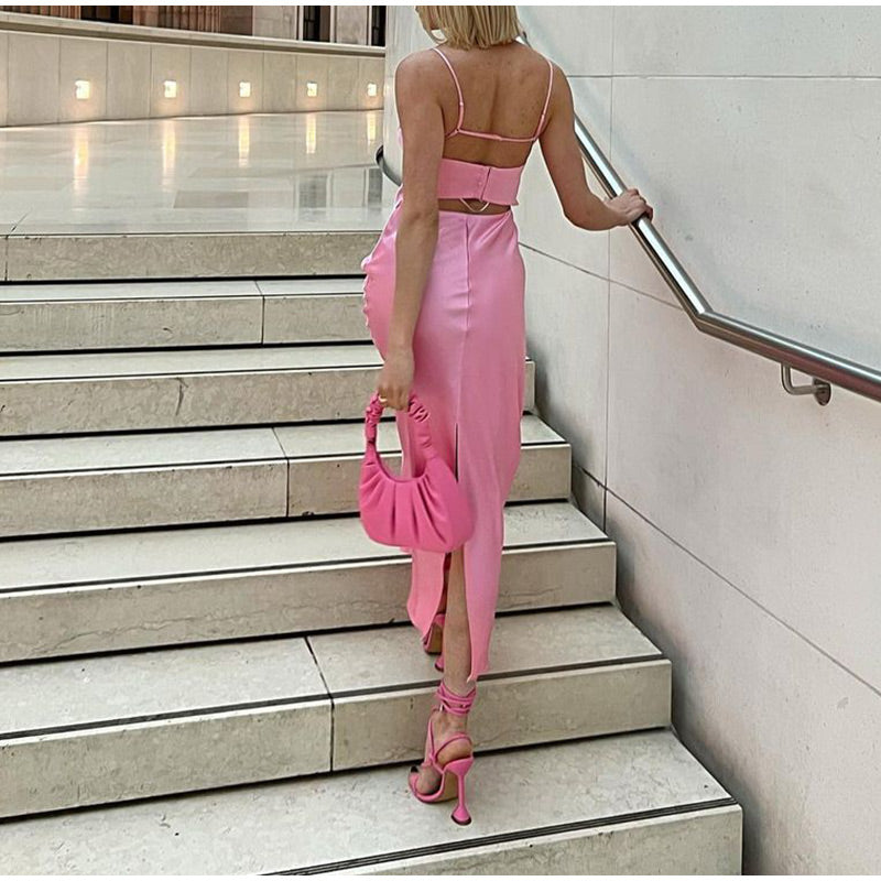 Levoire | Satin Sans Épaules Dos U Fente Midi Robe