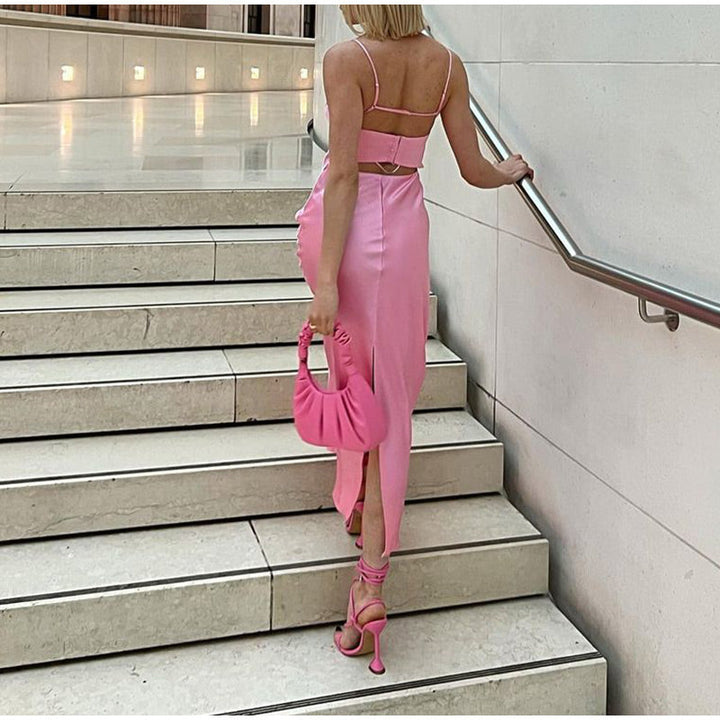 Levoire | Satin Sans Épaules Dos U Fente Midi Robe