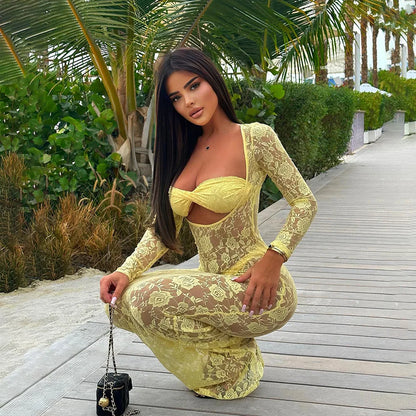 Levoire | Décolleté Ouvert Avec Des Bretelles En Dentelle Robes Maxi Jaune