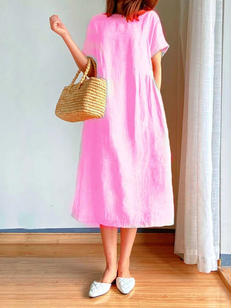 Levoire | Robe Midi Unie En Coton Et Lin Rosa