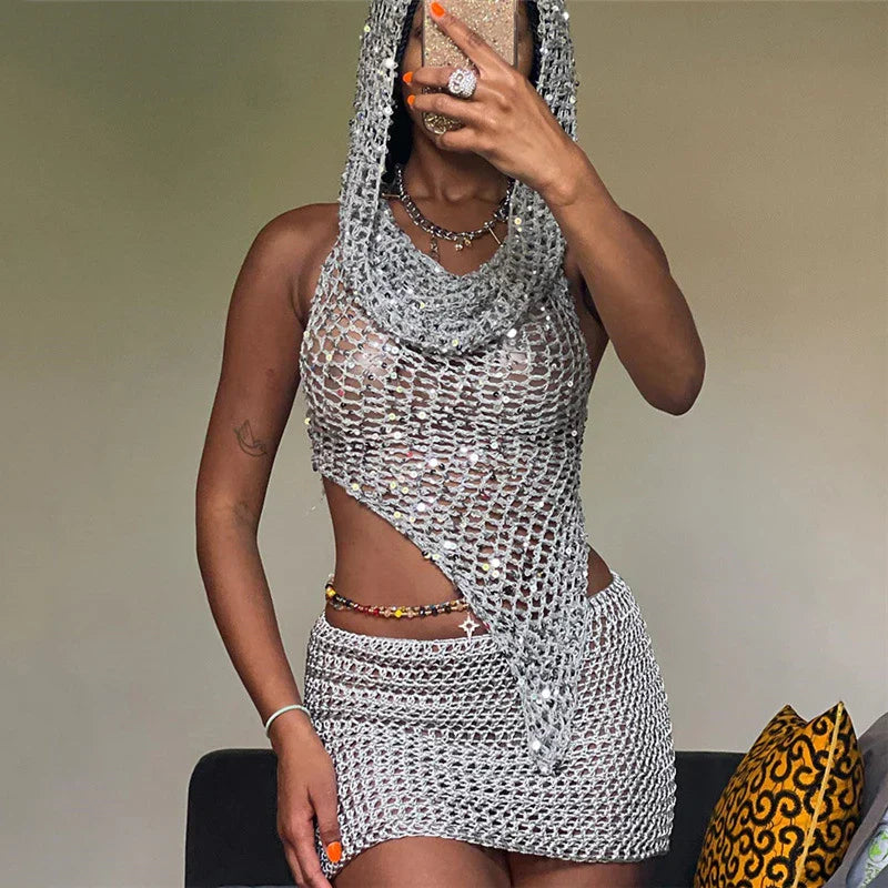 Levoire | Top Court À Capuche En Tricot Pailleté Et Ensemble De Mini-Jupe Argent