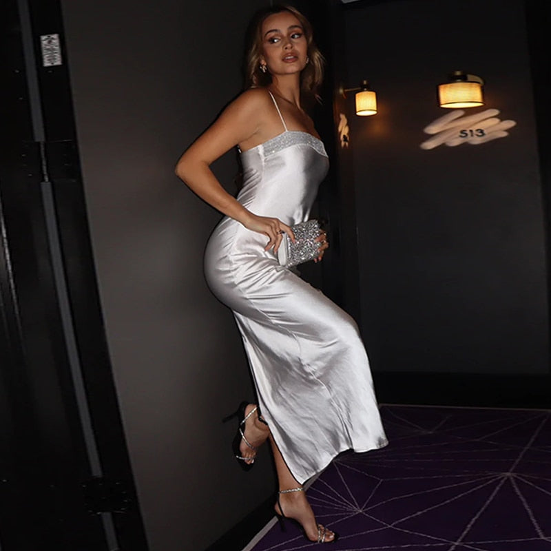 Levoire | Robe Longue À Bretelles Spaghetti Bling Stripe Blanc