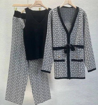 Levoire | Style Européen 3 Pièces V-Entraînement Femmes Tricot -Haut-Pantalons Ensemble Noir Taille unique