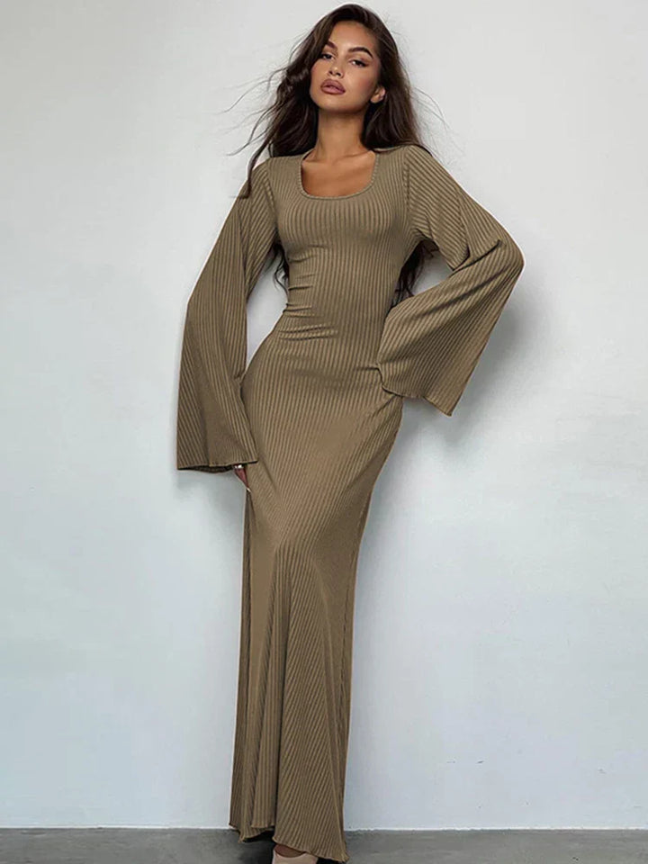 Levoire | Robe Maxi Côtelée Unie pour Femme Kaki