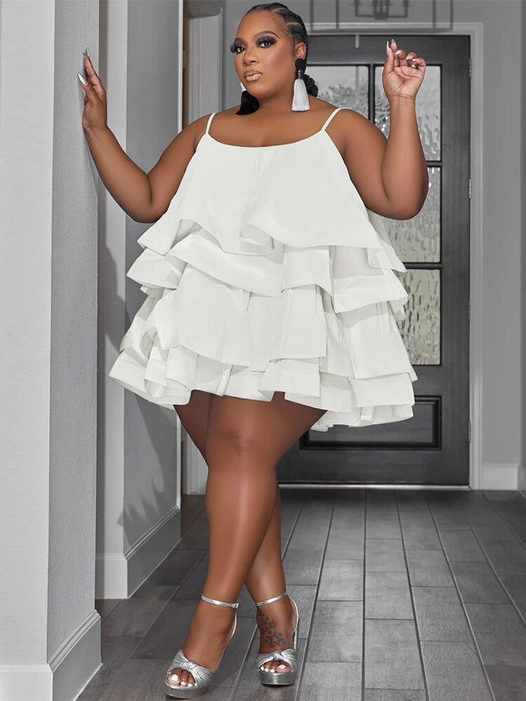 Levoire | Satin Créé Ridé Robe Mini Grande Taille Blanc
