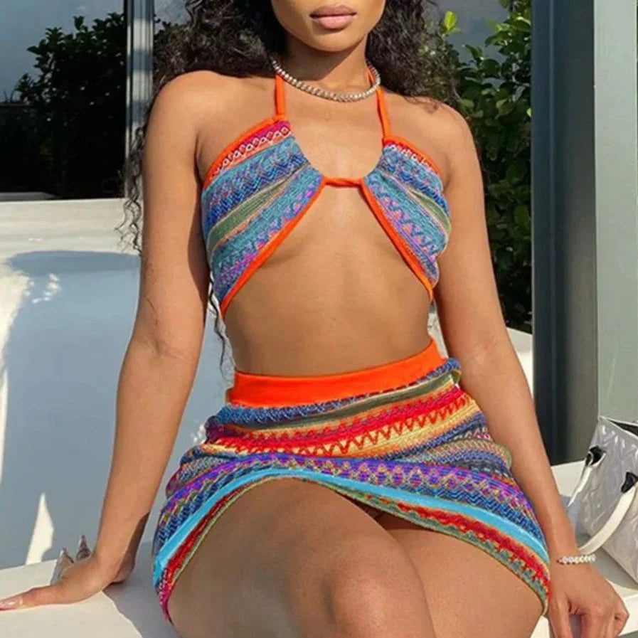 Levoire | Haut En Crochet Tricot Rayé Et Ensemble De Mini-Jupe