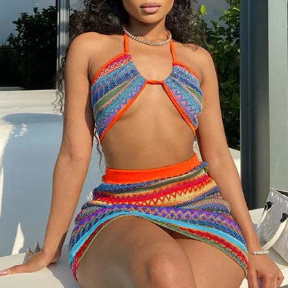 Levoire | Haut En Crochet Tricot Rayé Et Ensemble De Mini-Jupe