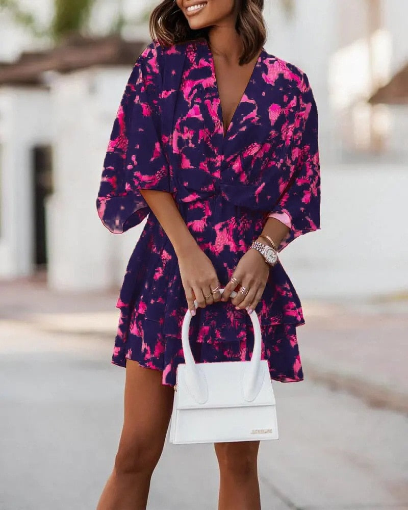Levoire | Robe Femme À Encolure En V Courte Avec Manches Mi-Longues Donkervoilett