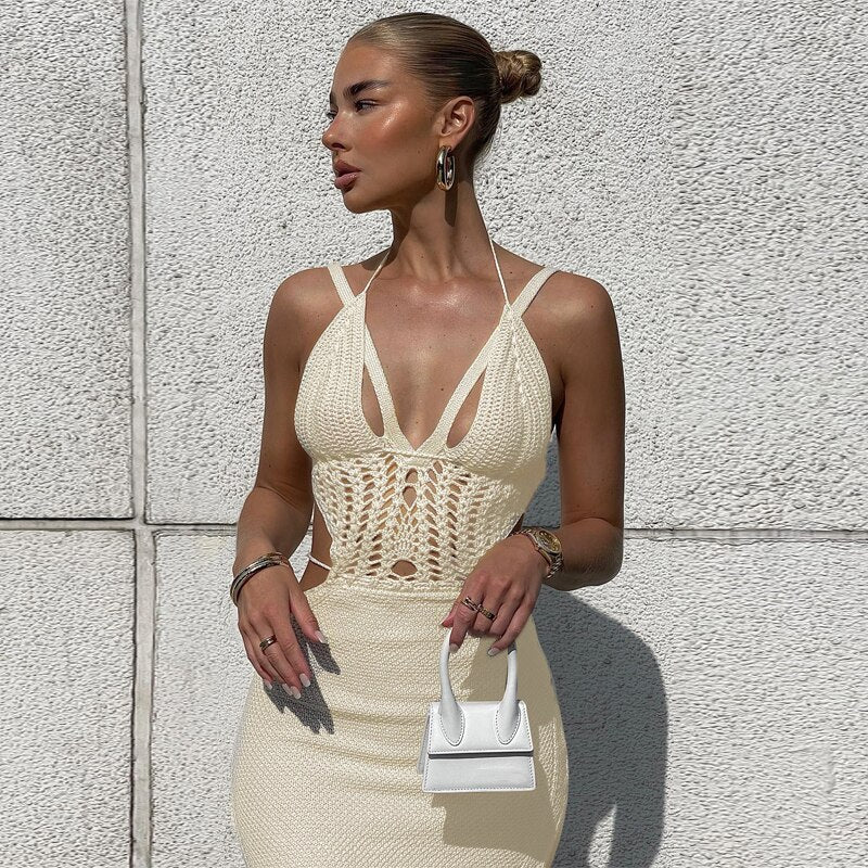 Levoire | Robe Midi Sans Manches Avec Ouverture Au Crochet Et Fente Latérale Beige