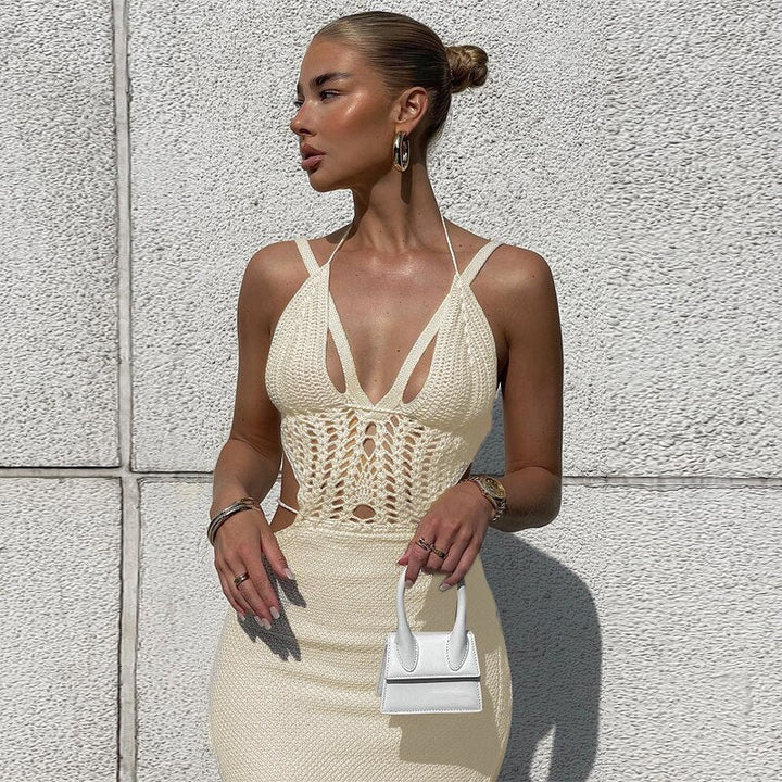 Levoire | Robe Midi Sans Manches Avec Ouverture Au Crochet Et Fente Latérale Beige