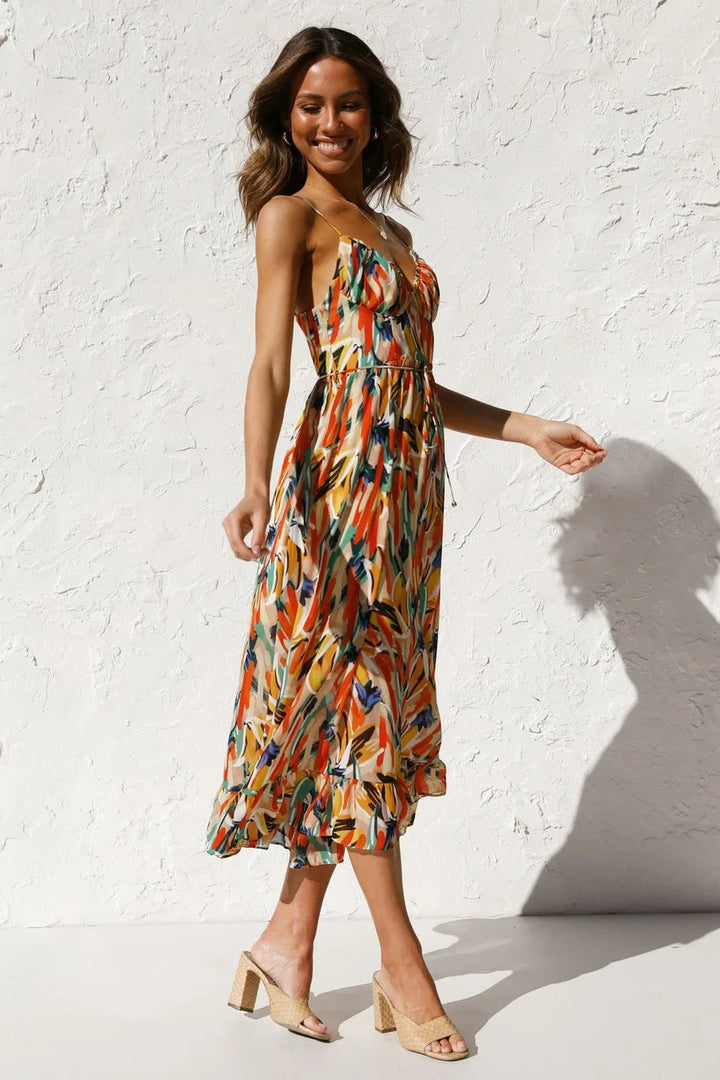 Levoire | Robe Midi Florale À Bretelles Spaghetti Pour Femmes