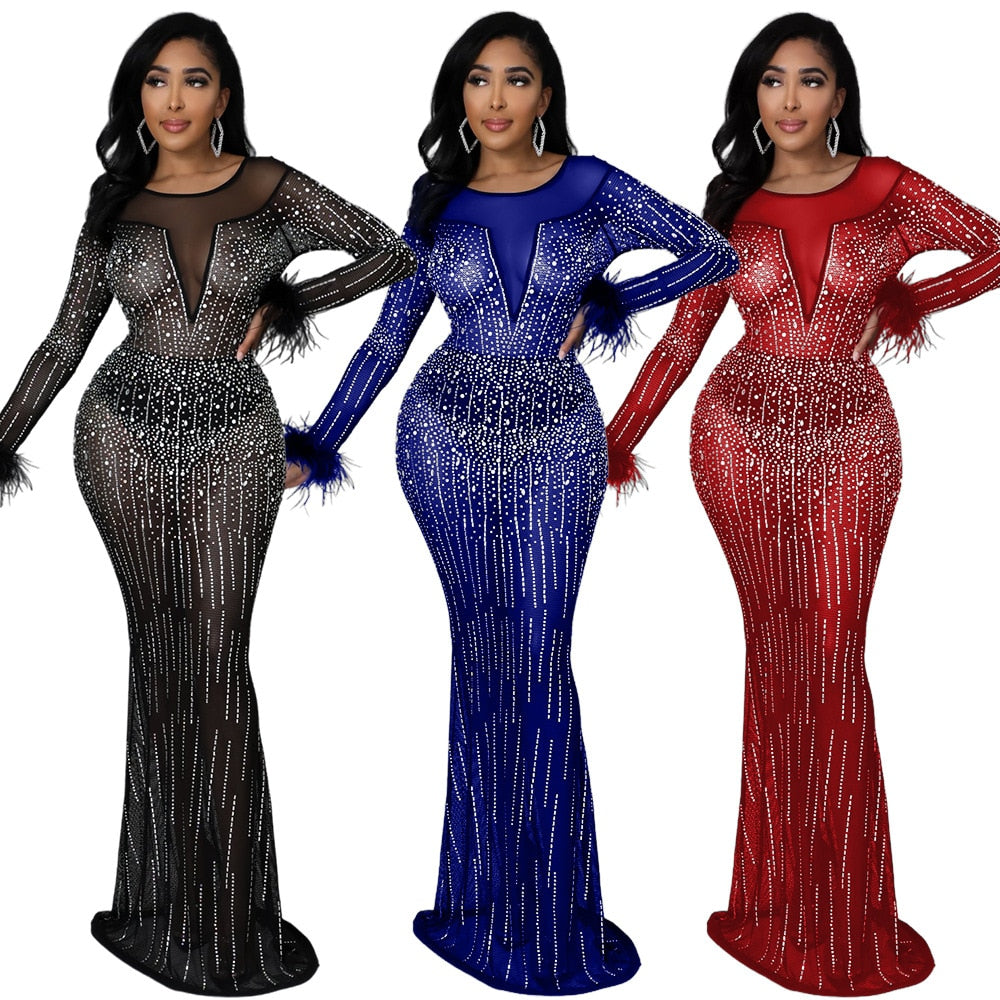 Levoire | Hot Drill Mesh Transparent Manches Longues Sirène Maxi Robe