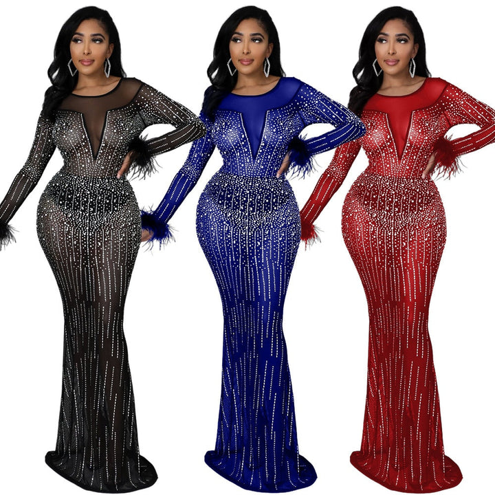 Levoire | Hot Drill Mesh Transparent Manches Longues Sirène Maxi Robe