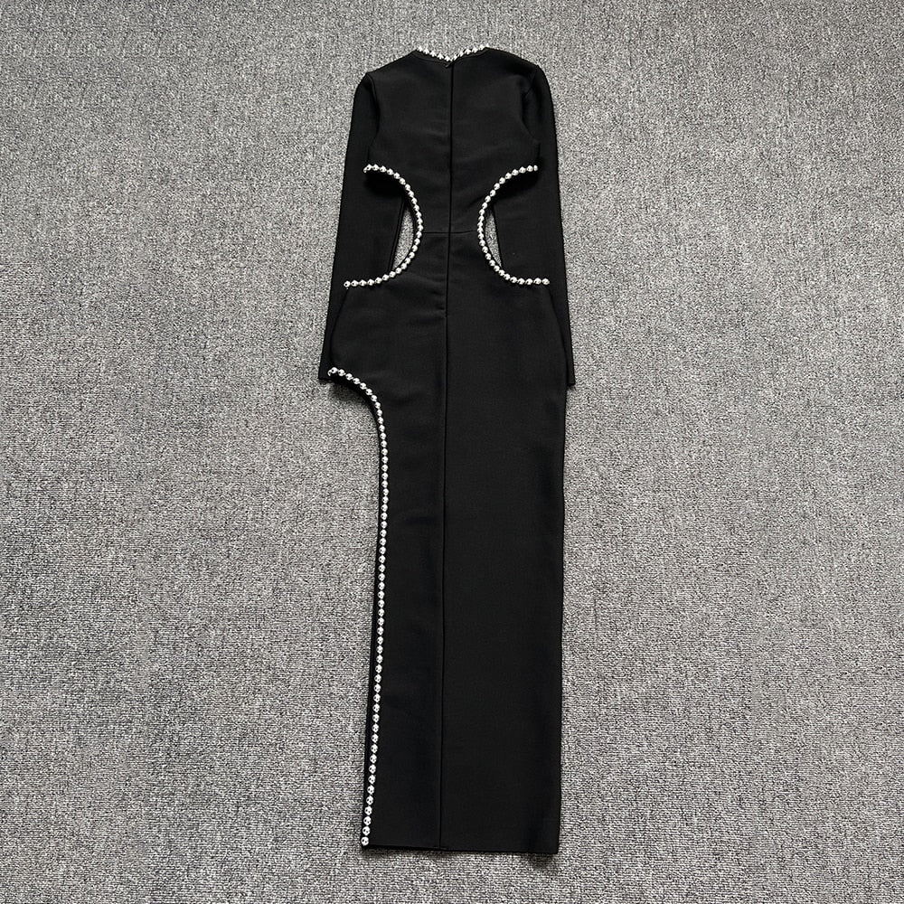 Levoire | Noir O-Top Découpe Perle Décoré Robe Longue